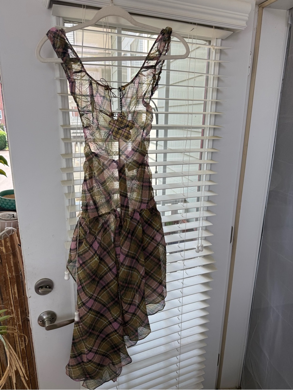 Taottao Plaid Puff Chiffon Asymmetrical Dress